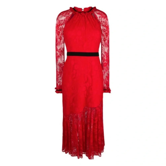 Three Floor Dress Red Lace Midi Dress Avant Gard Romantic Fall Wedding Sz 4 - Picture 5 of 6